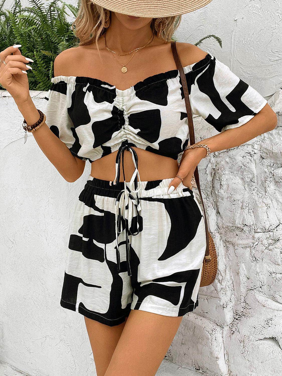 Perfee Drawstring Off-Shoulder Top and Shorts Set for Women