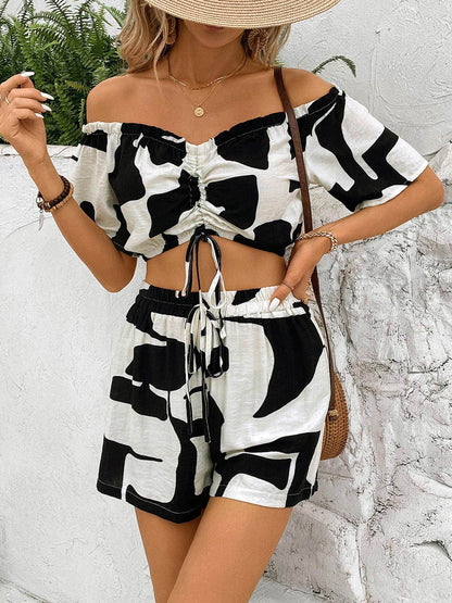 Perfee Drawstring Off-Shoulder Top and Shorts Set for Women