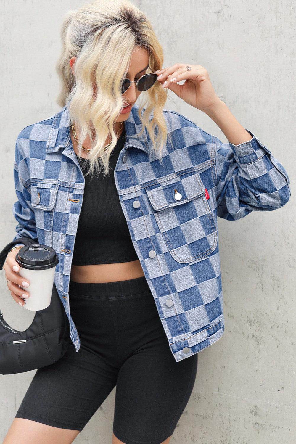 Checkered Button Up Long Sleeve Denim Jacket for Women