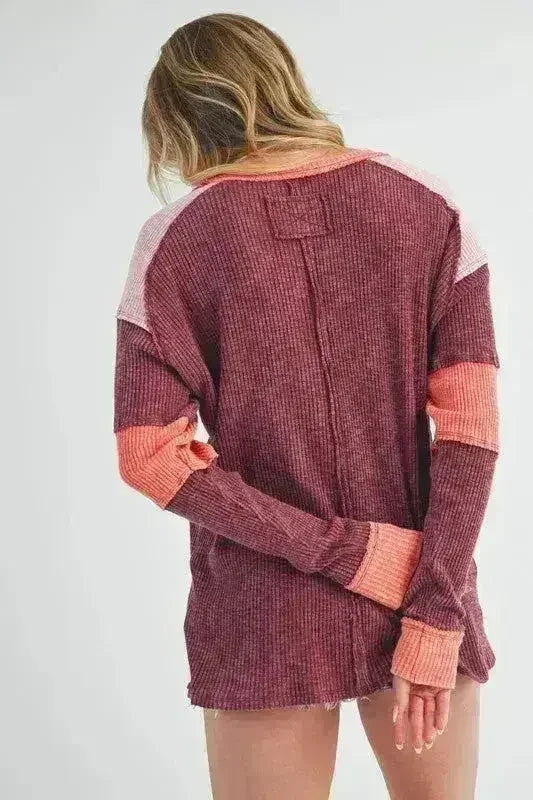 Color Block Knit Top – Raw Seam Detail &amp; Cotton-Spandex Blend