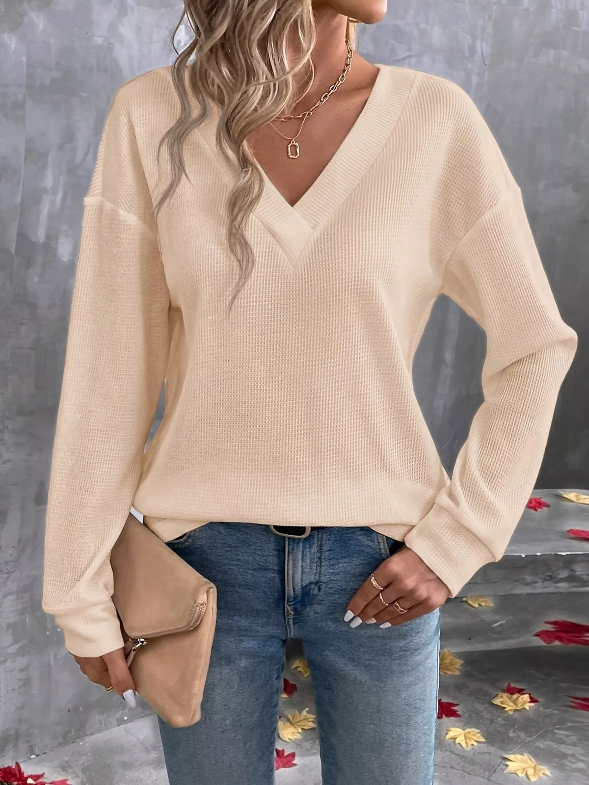 Plus Size V-Neck Long Sleeve Waffle Knit T-Shirt