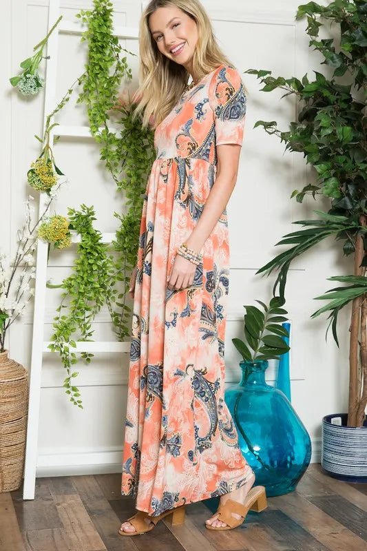 Celeste Paisley Print Short Sleeve Maxi Dress with Pockets