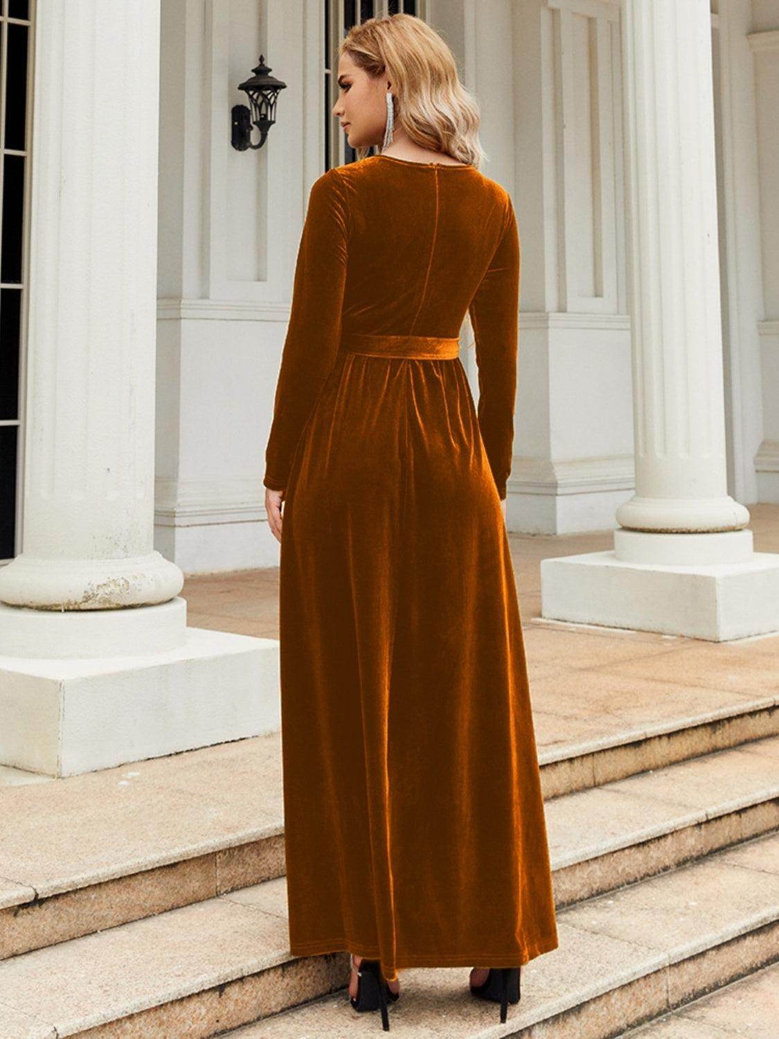 Tie Front Round Neck Long Sleeve Maxi Dress for Women