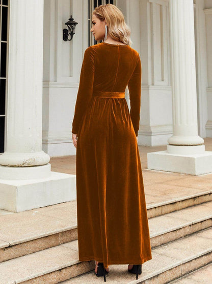 Tie Front Round Neck Long Sleeve Maxi Dress for Women