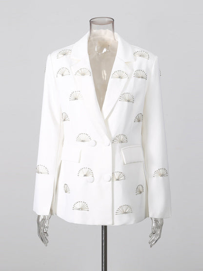 Rhinestone Fan Motif Double Breasted Notched Lapel Tailored Blazer Jacket