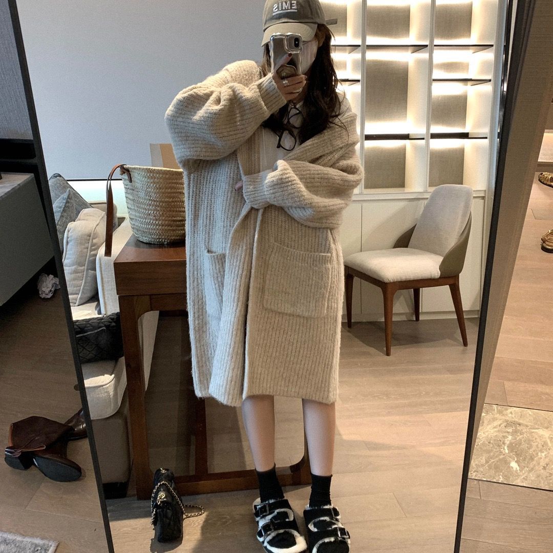 Womens Solid-Color Loose Hooded Sweater Jacket
