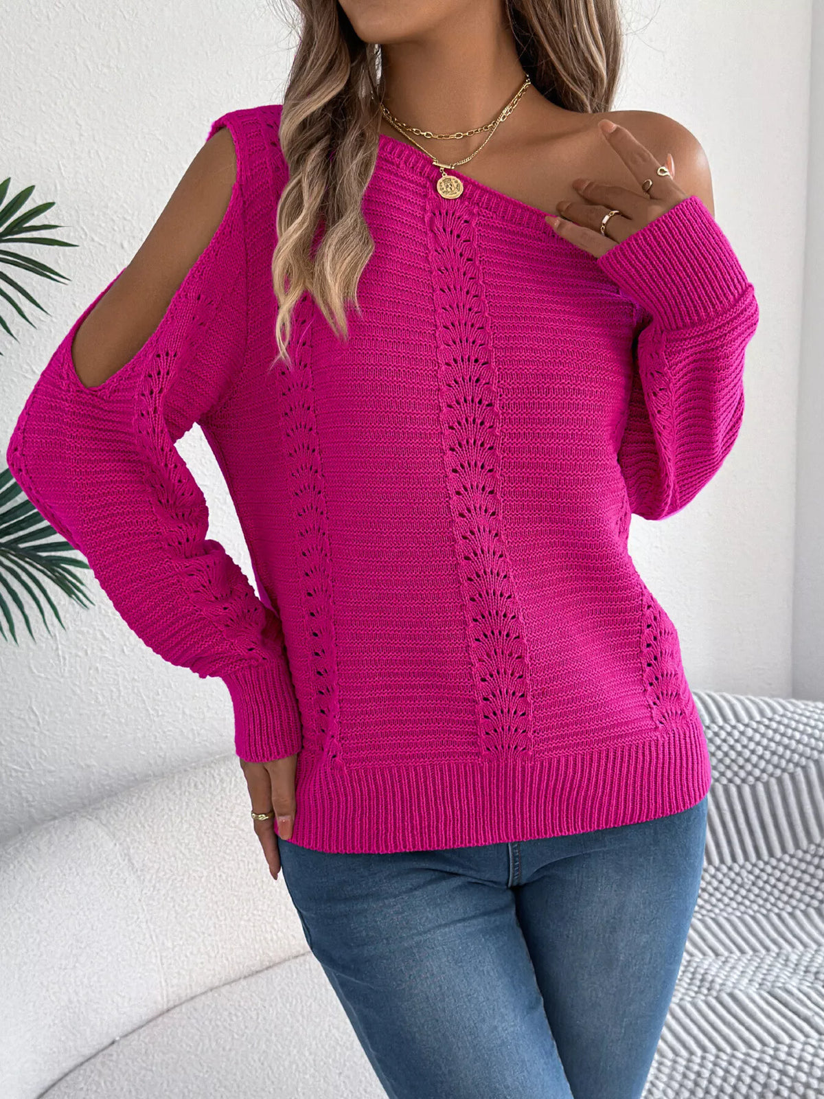 Openwork One Shoulder Cutout Long Sleeve Sweater