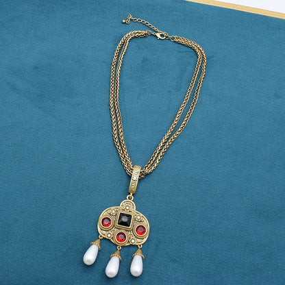 Vintage Glass Inlaid Tassel Pearl Necklace Ear Stud