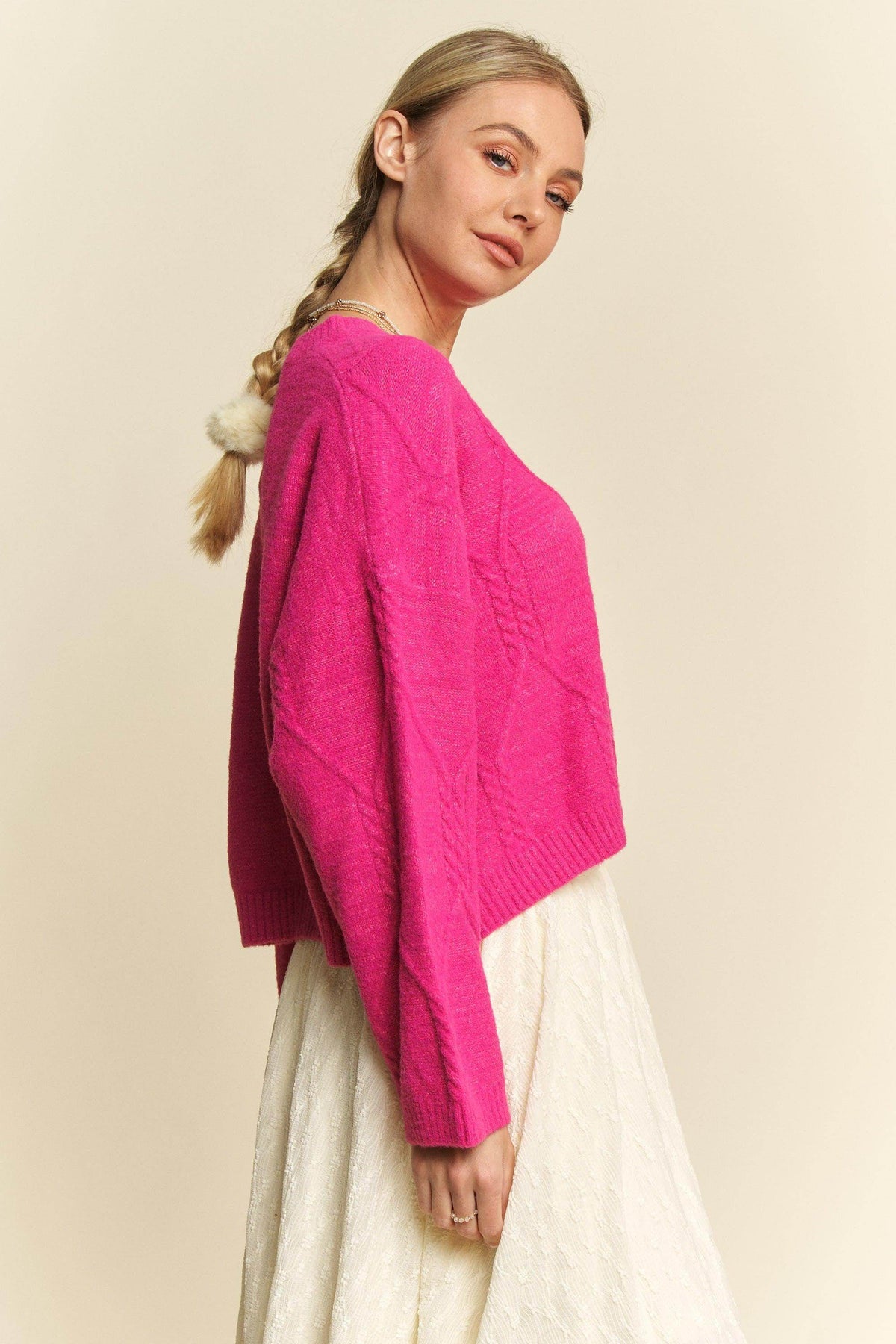 Davi &amp; Dani Diamond Cable Pattern Drop Shoulder Sweater