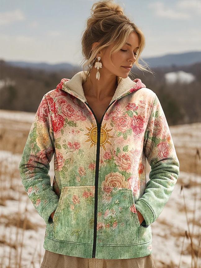 Printed Hooded Zip-Up Cardigan Fashionable Casual Womens Sweatshirt