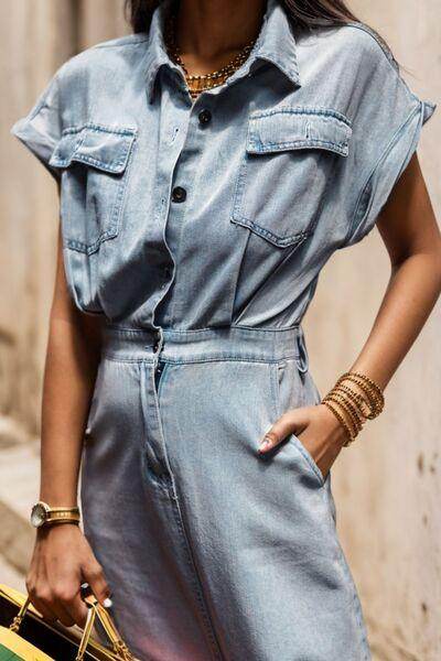 Slit Pocketed Half Button Denim Dress for Casual Style