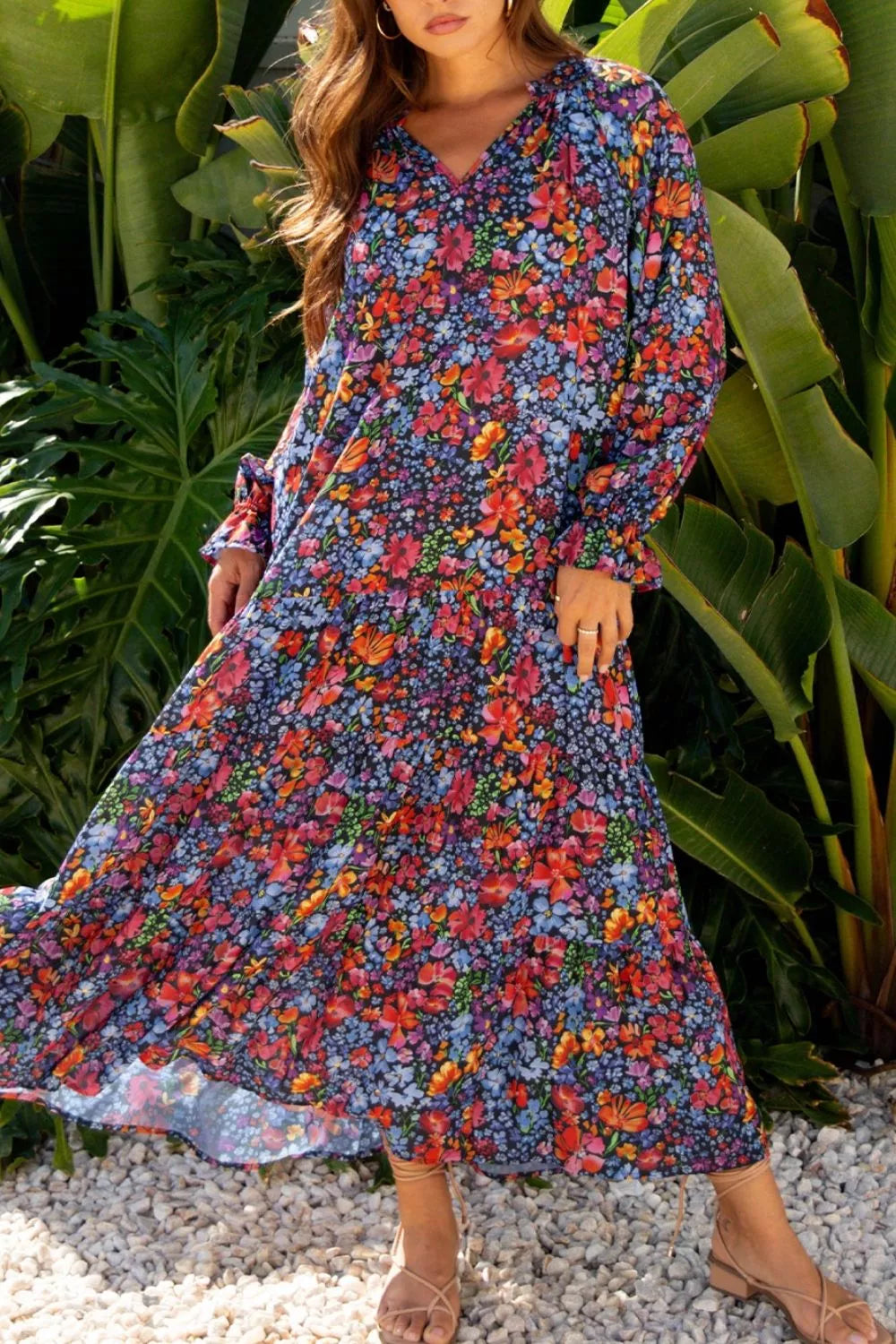 Floral Notched Flounce Sleeve Maxi Dress