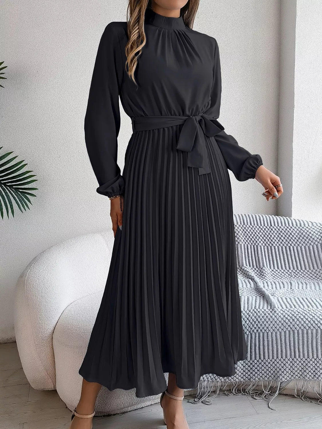 Mock Neck Pleated Midi Dress