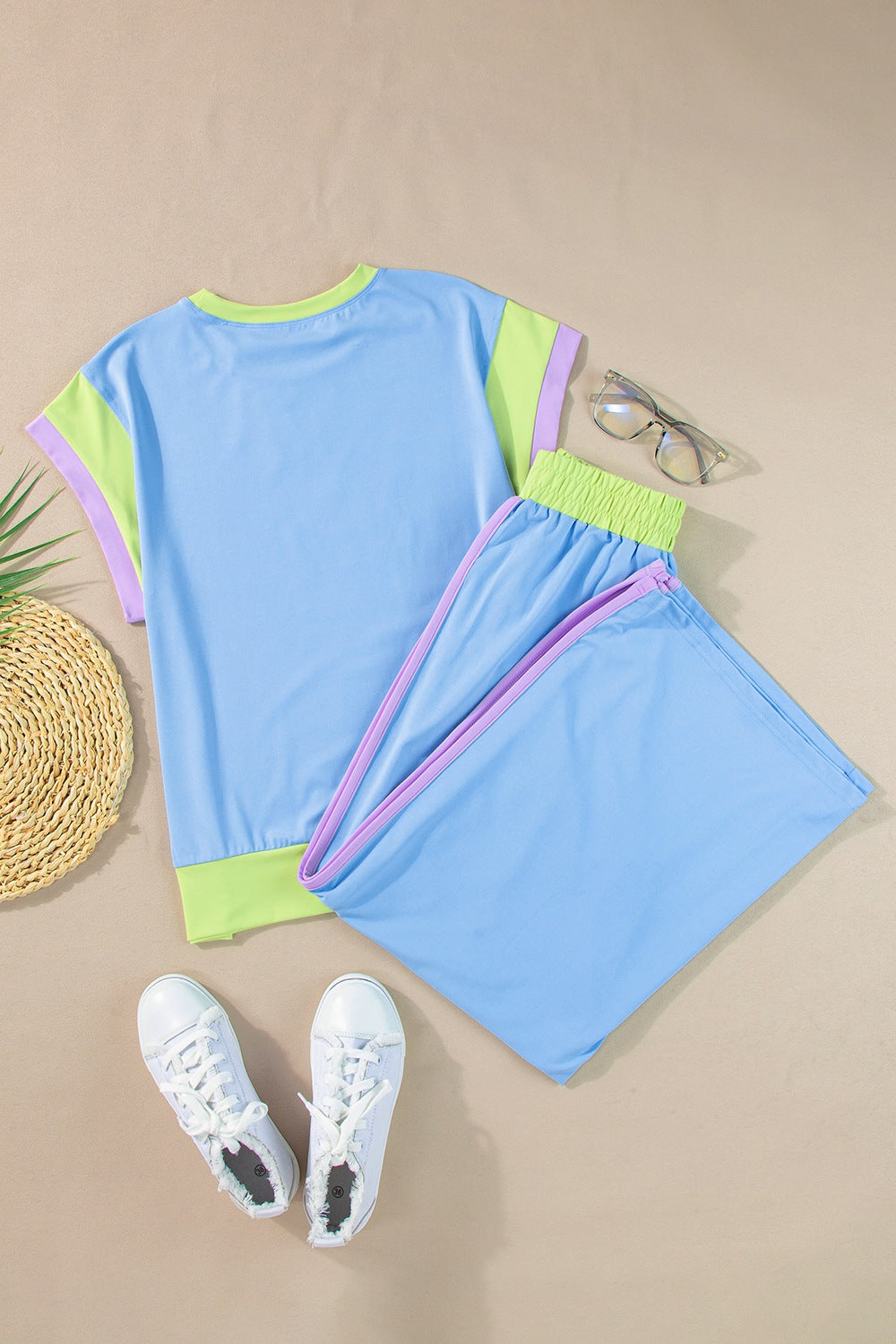 Polyester Two-Piece Set with Contrast Top &amp; Pants