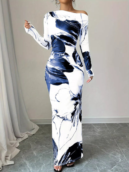 Floral One Shoulder Long Sleeve Maxi Dress