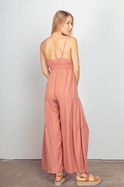 Very J Sleeveless Ruched Wide Leg Jumpsuit for Women