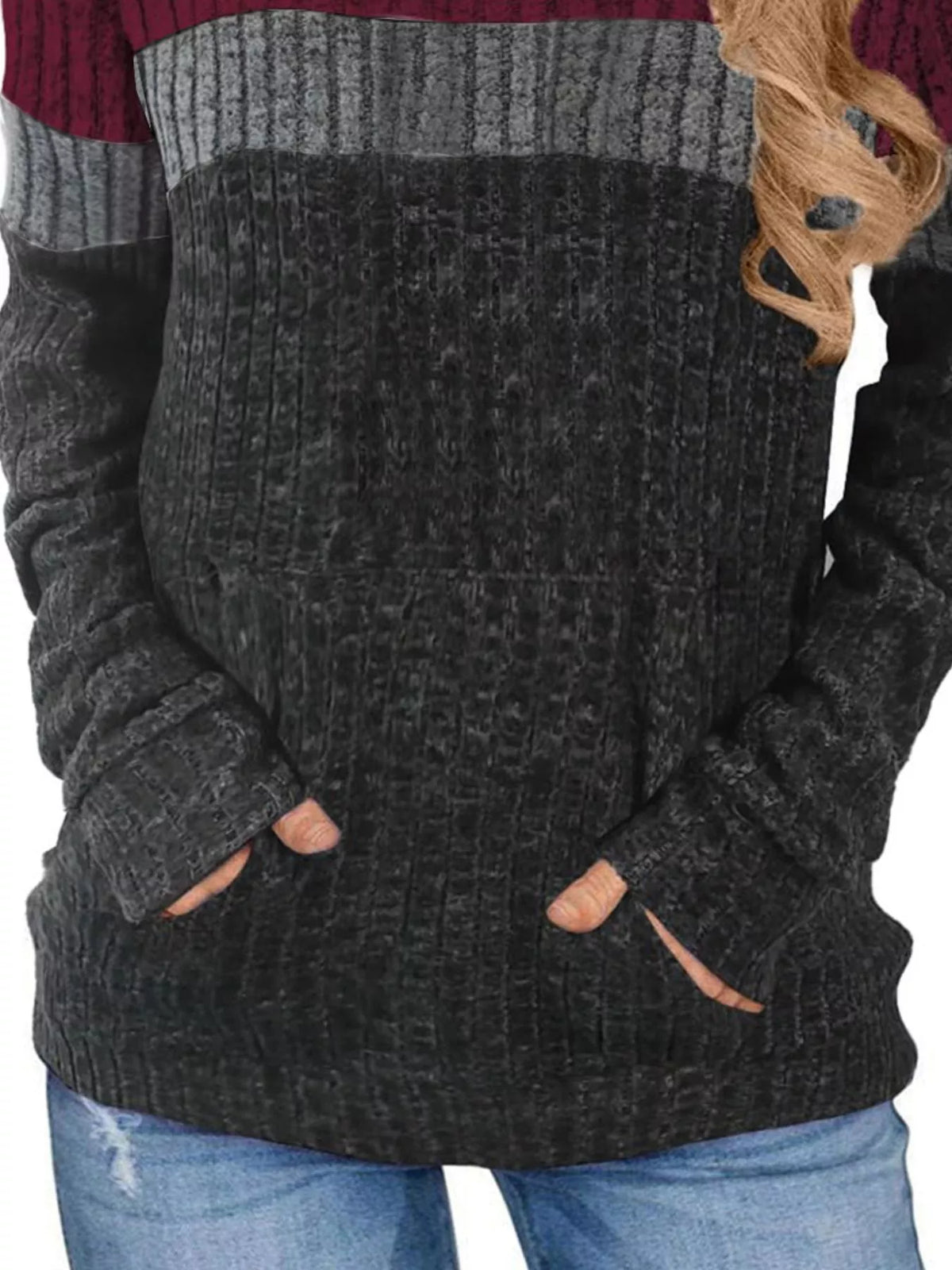 Full Size Color Block Ribbed Knit Hoodie Plus Size