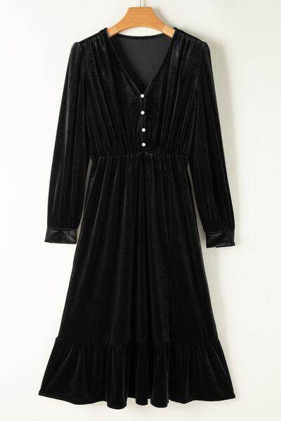Ruffle Hem Slit V-Neck Long Sleeve Dress for Women