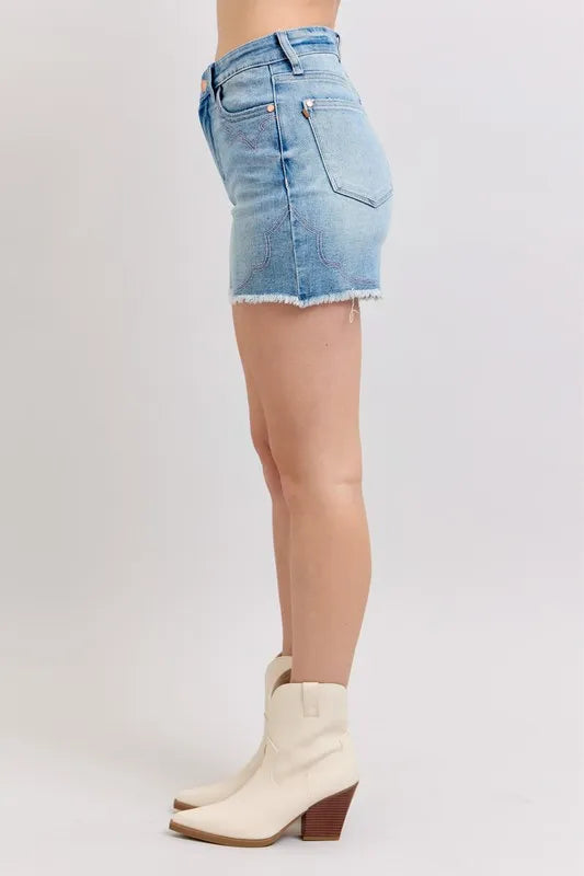 Judy Blue Full Size High Waist Western Embroidery Detail Cut Off Denim Shorts Plus Size