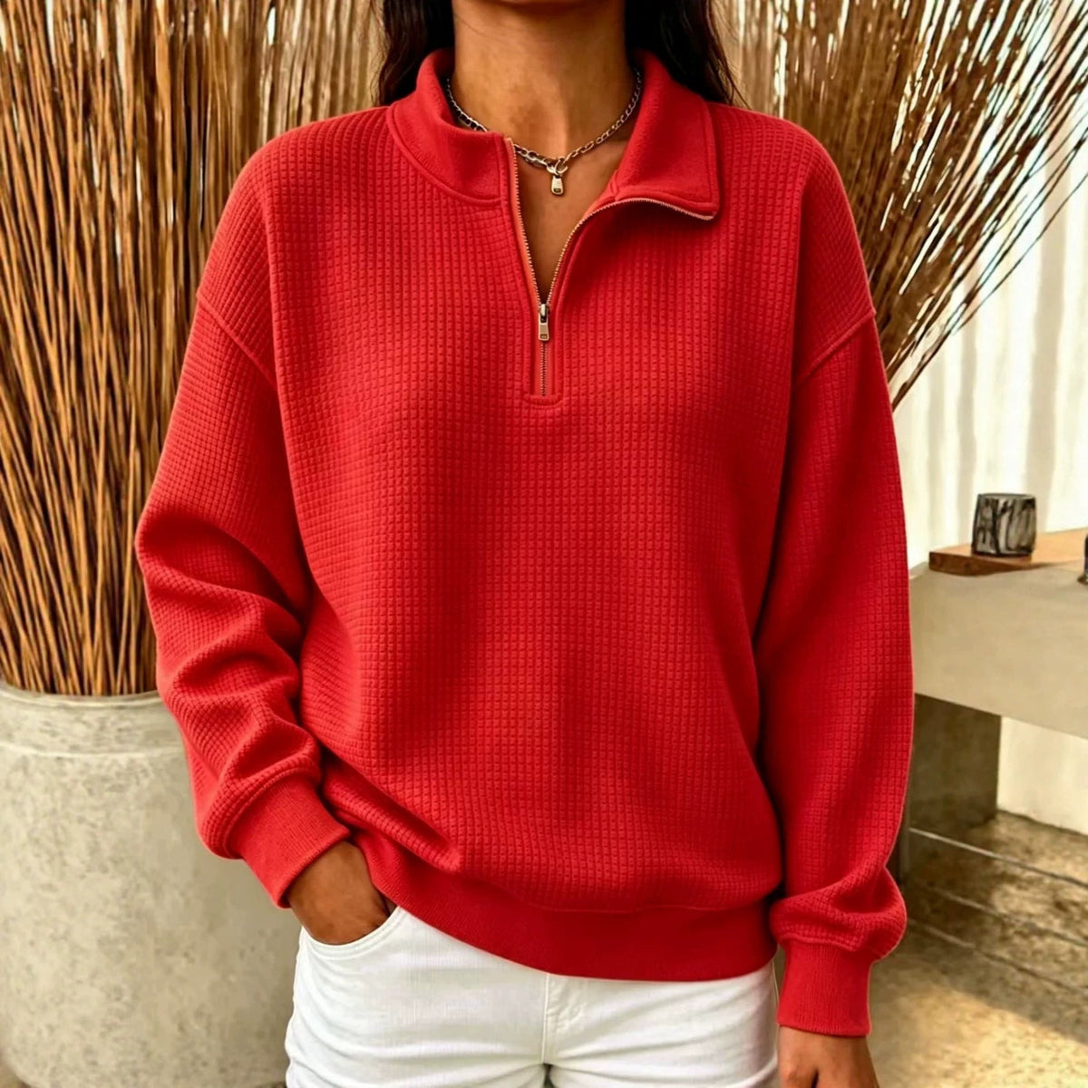 Solid Color Stand Collar Long-sleeve Zipper Stitching Women&