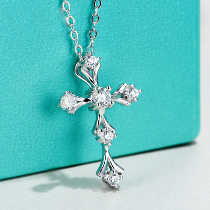S925 Sterling Silver Moissanite Cross Necklace, 3.5mm D-VVS1 Pendant, Platinum Plated 40&amp;45cm Chain, 1.7g GRA Certificate Gift Box