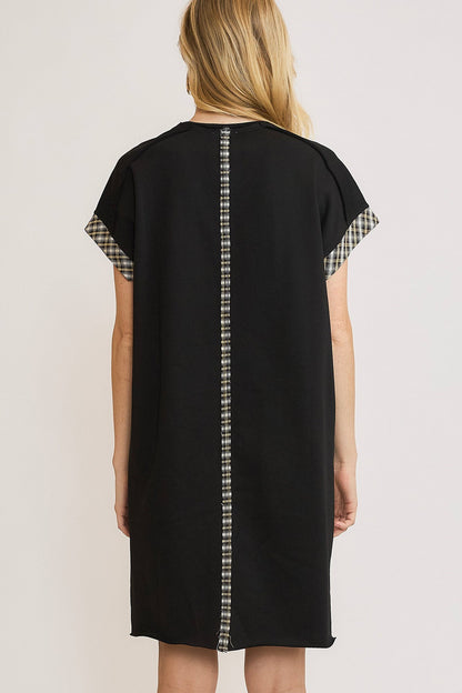 Peace Plaid Applique Short Sleeve Mini Dress For Women – Trendy Plaid Design, Unique Peace Applique, High-Low Hem for a Chic Look