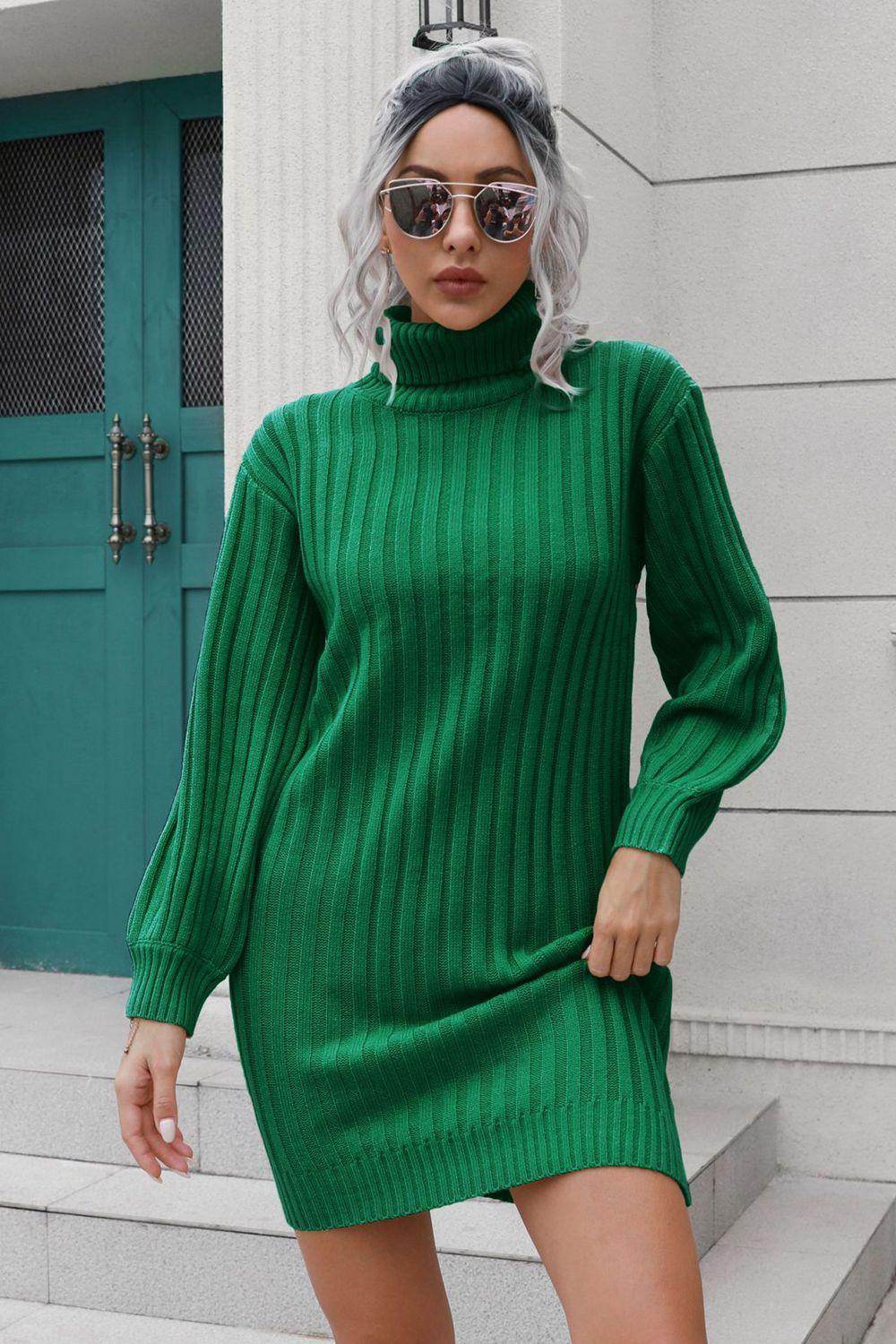 Ribbed Turtle Neck Long Sleeve Mini Sweater Dress for Women