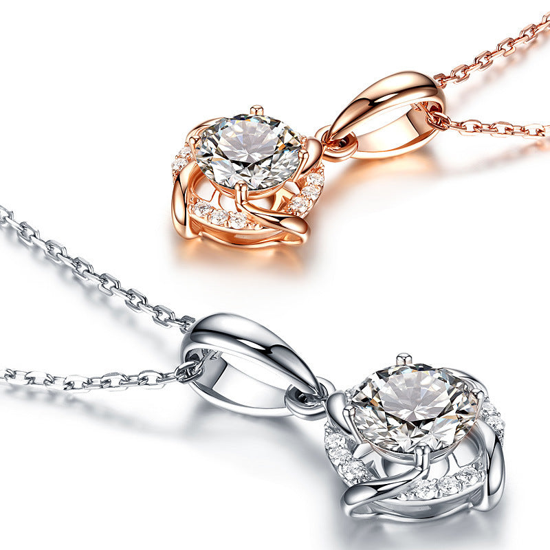 S925 Sterling Silver 1ct D-VVS1 Moissanite Necklace, Twisted Pendant Design, Platinum Plated 40&amp;45cm Chain, GRA Certified Jewelry Gift Box