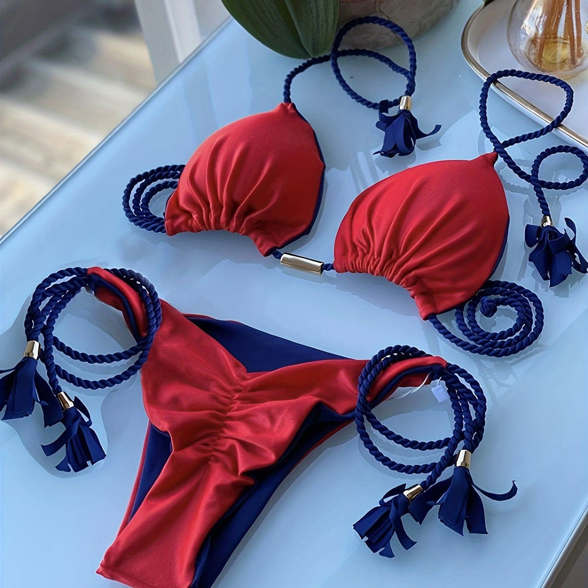 New Festival Flame Halter Bikini Set for Women – Triangle V-Neck Backless Two-Piece Swimsuit with Tie Side Bottoms &amp; Adjustable Lace-Up Fit – Sleek Polyamide Swimwear for Koningsdag/King’s Day &amp; Summer Beach Celebrations