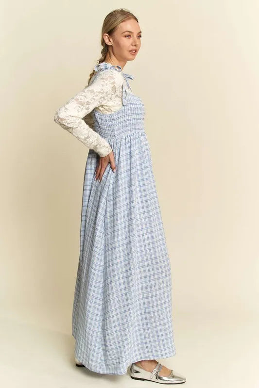 Davi &amp; Dani Plaid Smocking Sleeveless Maxi Dress