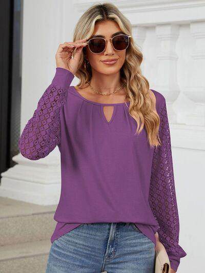 Cutout Round Neck Long Sleeve T-Shirt with Lace Detail
