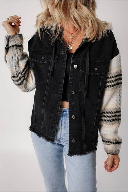 Drawstring Raw Hem Button Up Hooded Denim Jacket for Women