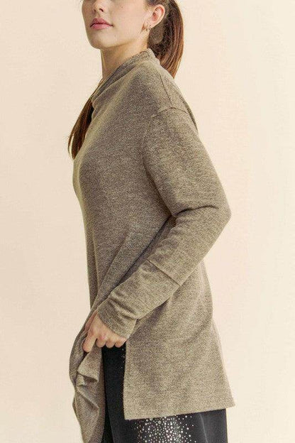 Davi &amp; Dani Slit Mock Neck Long Sleeve Top for Women