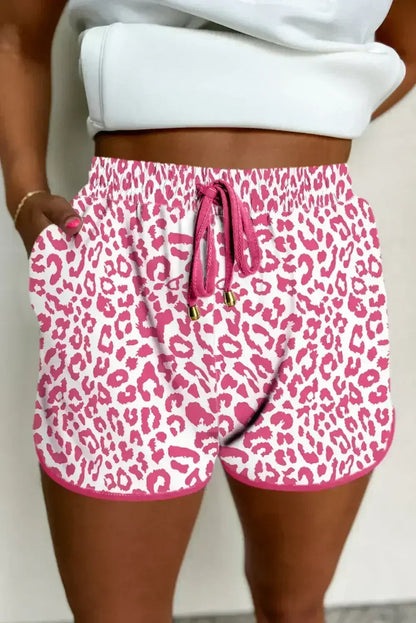 Blue Leopard Elastic Waist Lace up Contrast Trim Casual Shorts