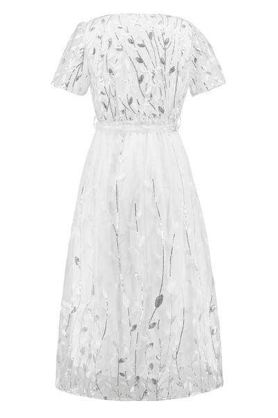Sequin Leaf Embroidery Tie Front Short Sleeve Dress for Women