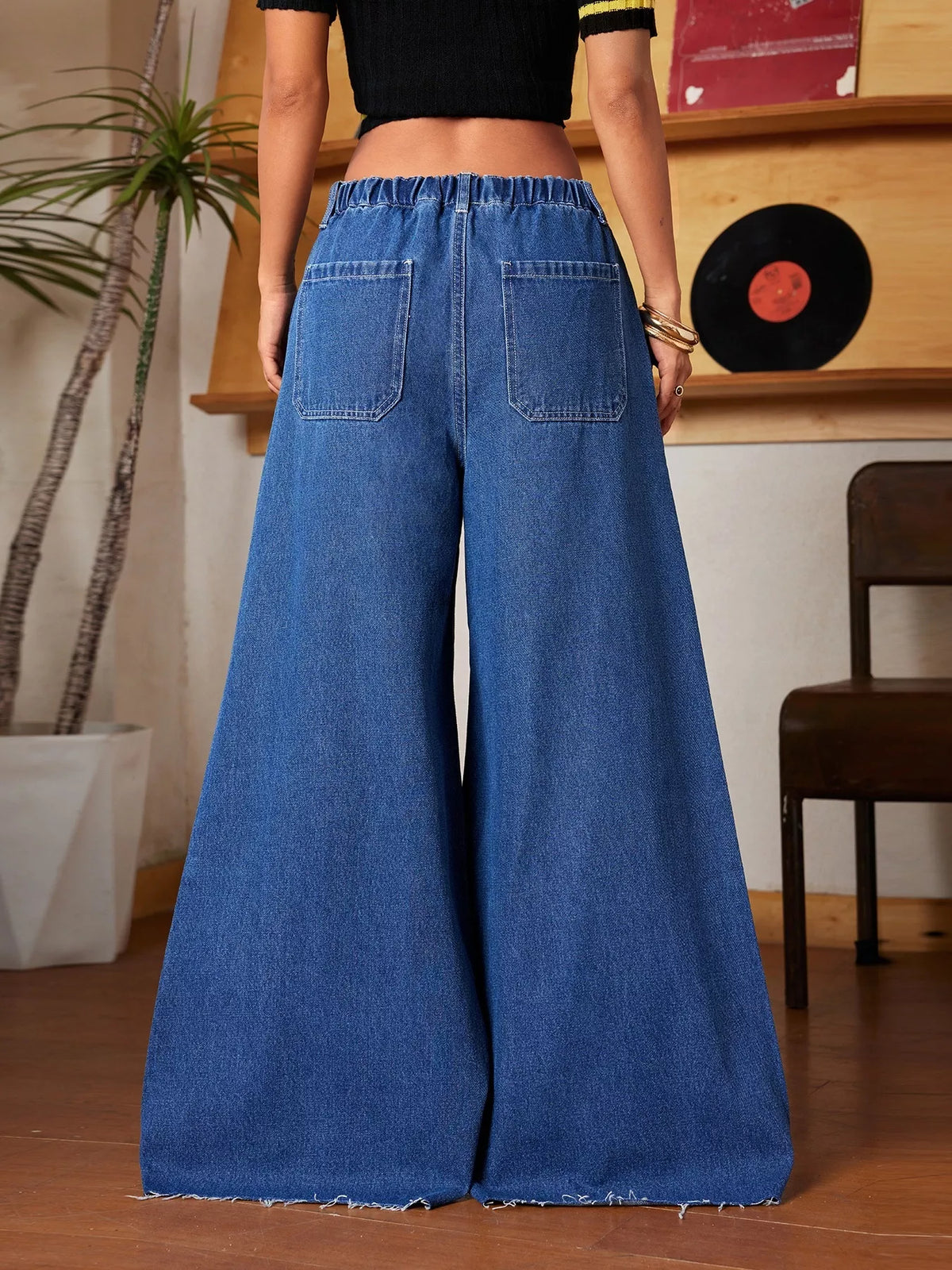 Wide Leg Drawstring Waist Ripped Hem Jeans