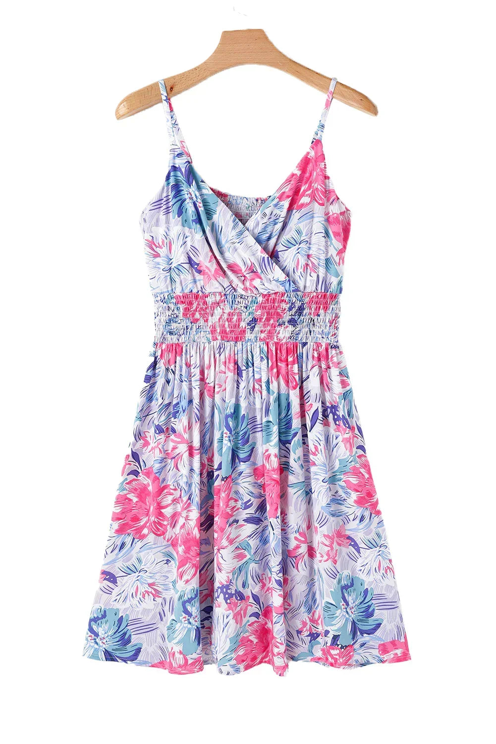 Red Floral Spaghetti Strap Surplice Neck Shirred Waist Mini Dress