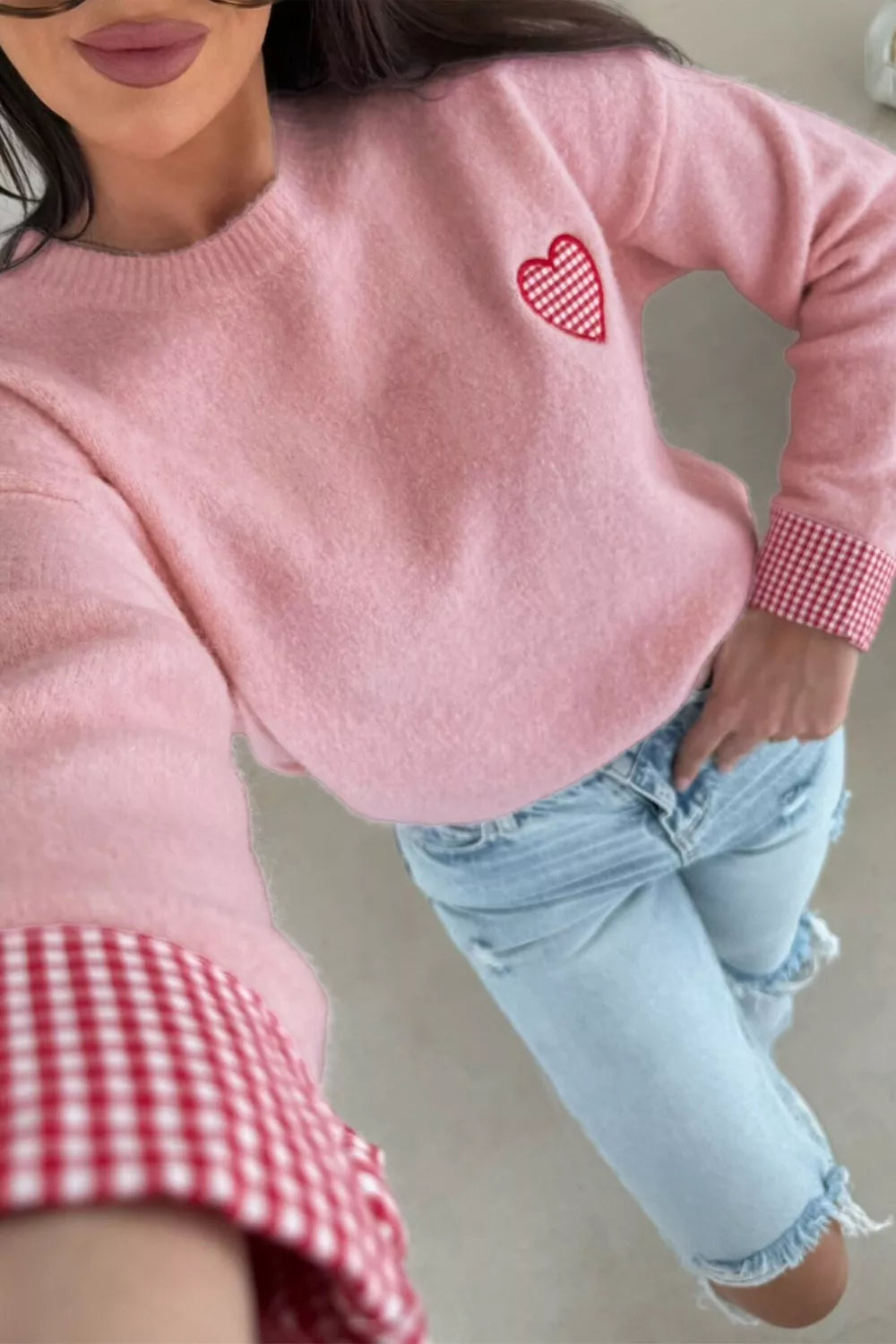 Plaid Heart Embroidered Cuffed Drop Shoulder Crew Neck Sweater