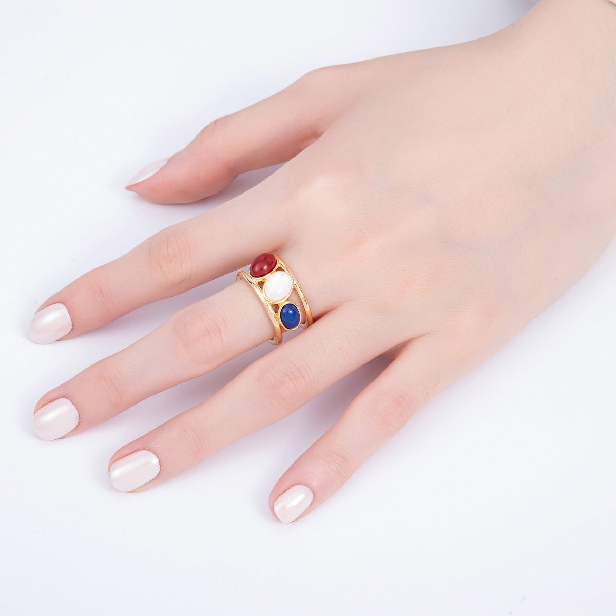 16K Gold Filled Cabochon Natural Gemstone Double Band Ring | RINGS-00062