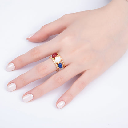 16K Gold Filled Cabochon Natural Gemstone Double Band Ring | RINGS-00062