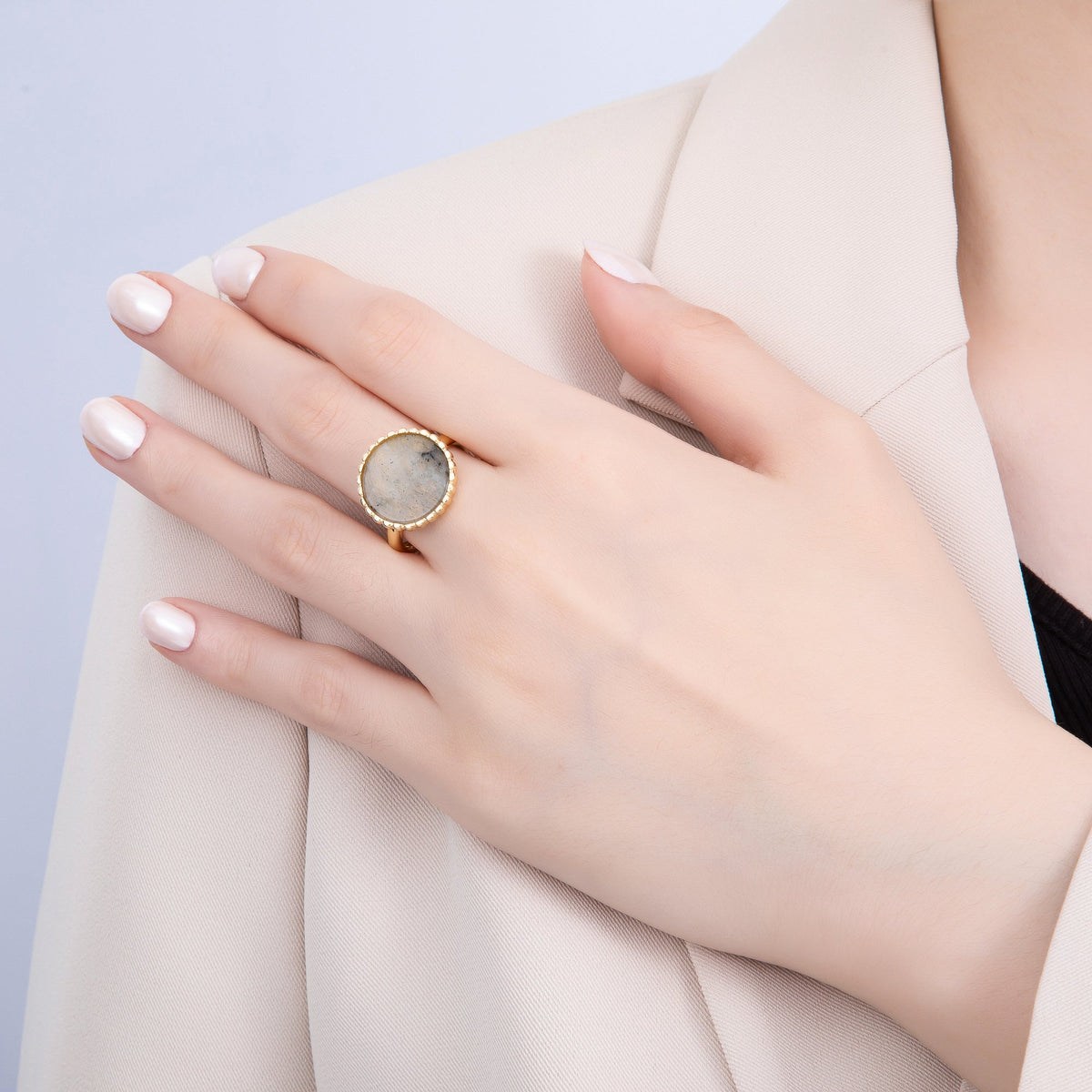 16K Gold Filled Labradorite Natural Gemstone Oval Bezel Statement Ring | Rings-00057