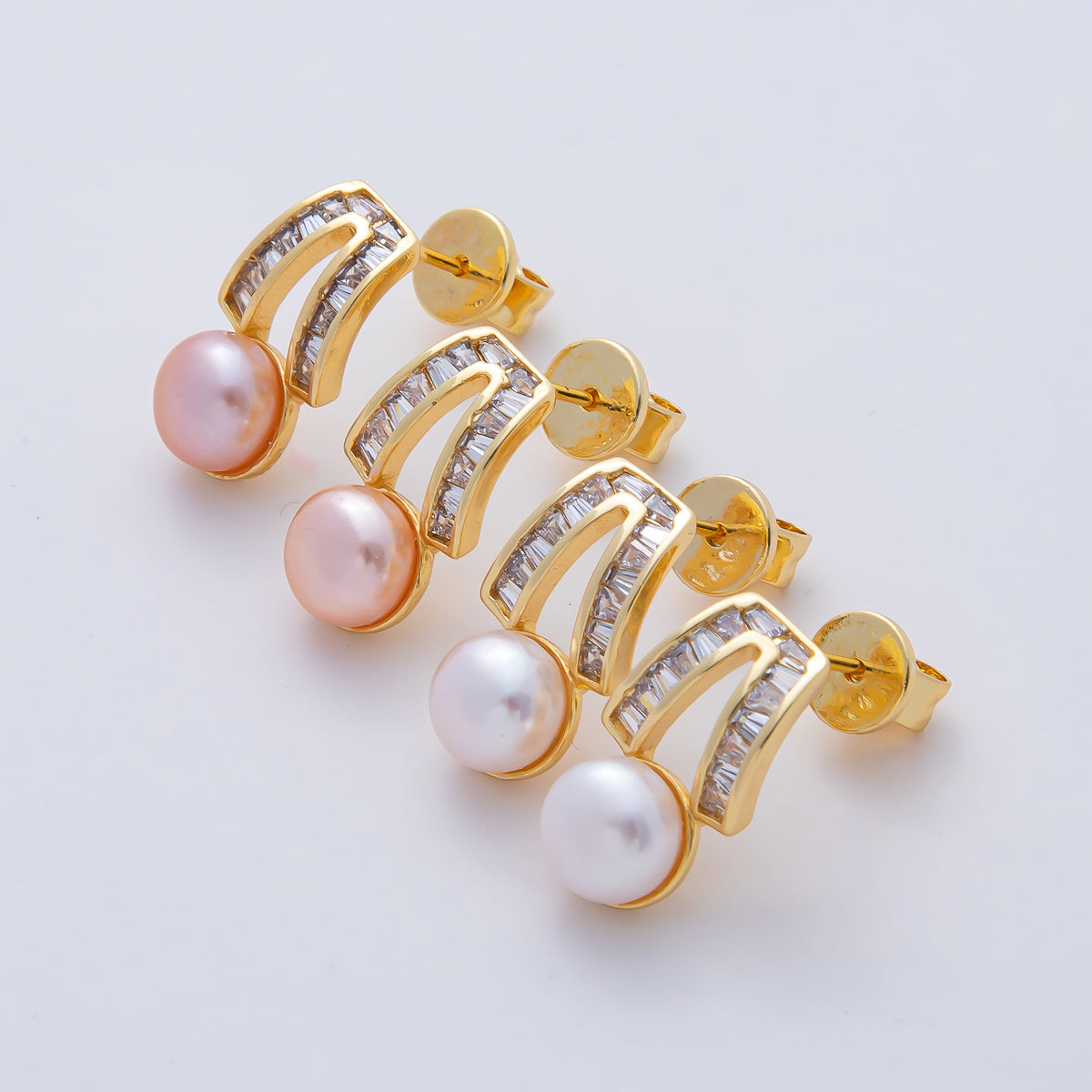 18K Gold Filled 16.5mm White, Pink Shell Pearl Geometric Baguette Drop Stud Earrings | AD1640 AD1641