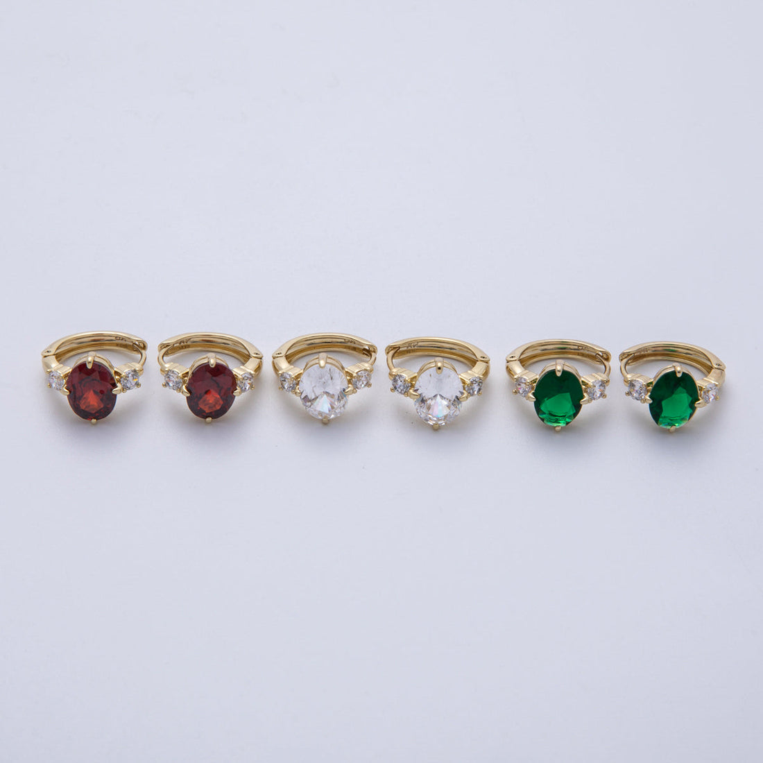 14K Gold Filled 15mm Clear, Green, Red Oval Solitaire CZ Huggie Earrings | Earrings-00145 ~ Earrings-00147