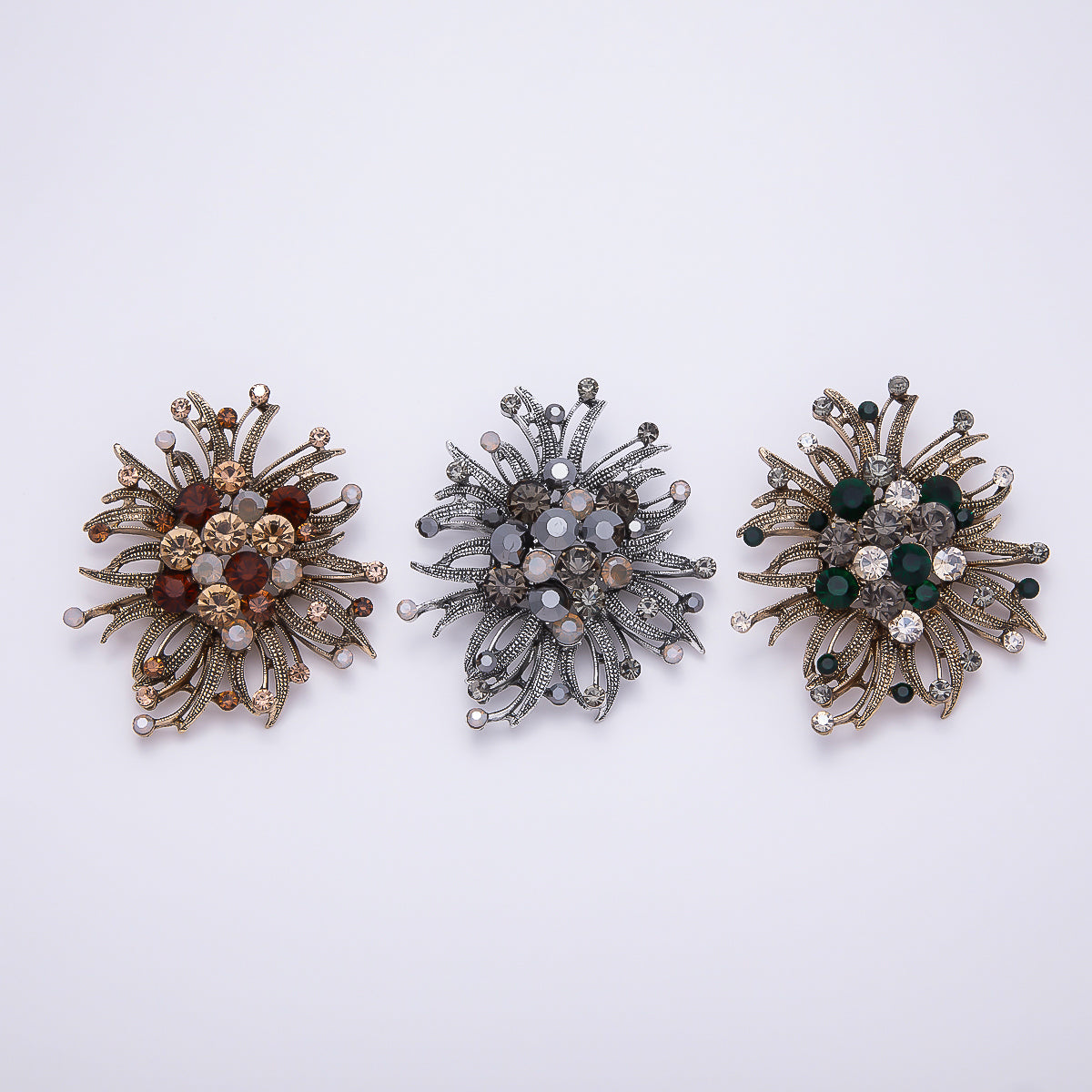 Vintage Gold 66mm Green, Red, Silver Rhinestone Textured Leaf Nature Pin Brooch | BH-133 ~ BH-135