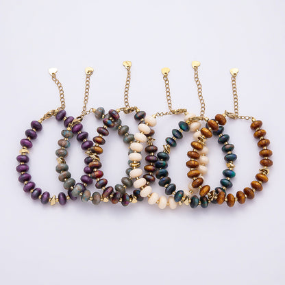Handmade 10mm Round Flat Rondelle Bead Resin 7.5 Inch Bracelet w/ Extender Gold Pvd Stainless Steel | WA-04613 - WA-04618