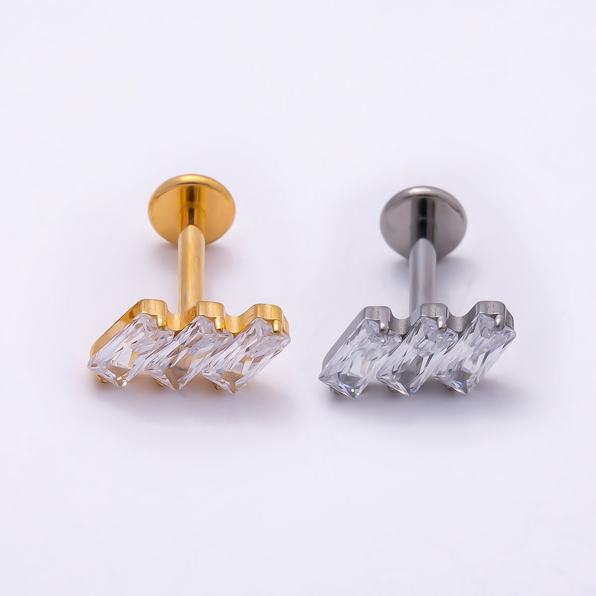 Titanium 4mm Triple Baguette CZ Cartilage Piercing Flat Back Stud in Gold &amp; Silver | BJ-00084 BJ-00085