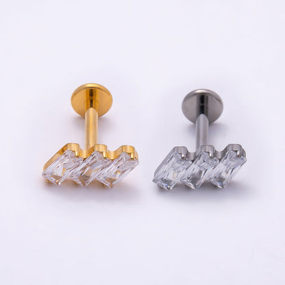 Titanium 4mm Triple Baguette CZ Cartilage Piercing Flat Back Stud in Gold &amp; Silver | BJ-00084 BJ-00085
