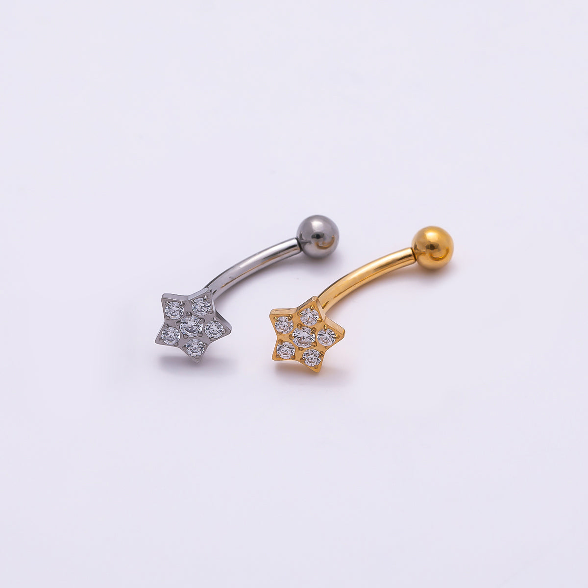 Titanium 5mm Star Micro Paved CZ Curved Eyebrow Barbell Piercing Stud in Gold &amp; Silver | BJ-00152 BJ-00153