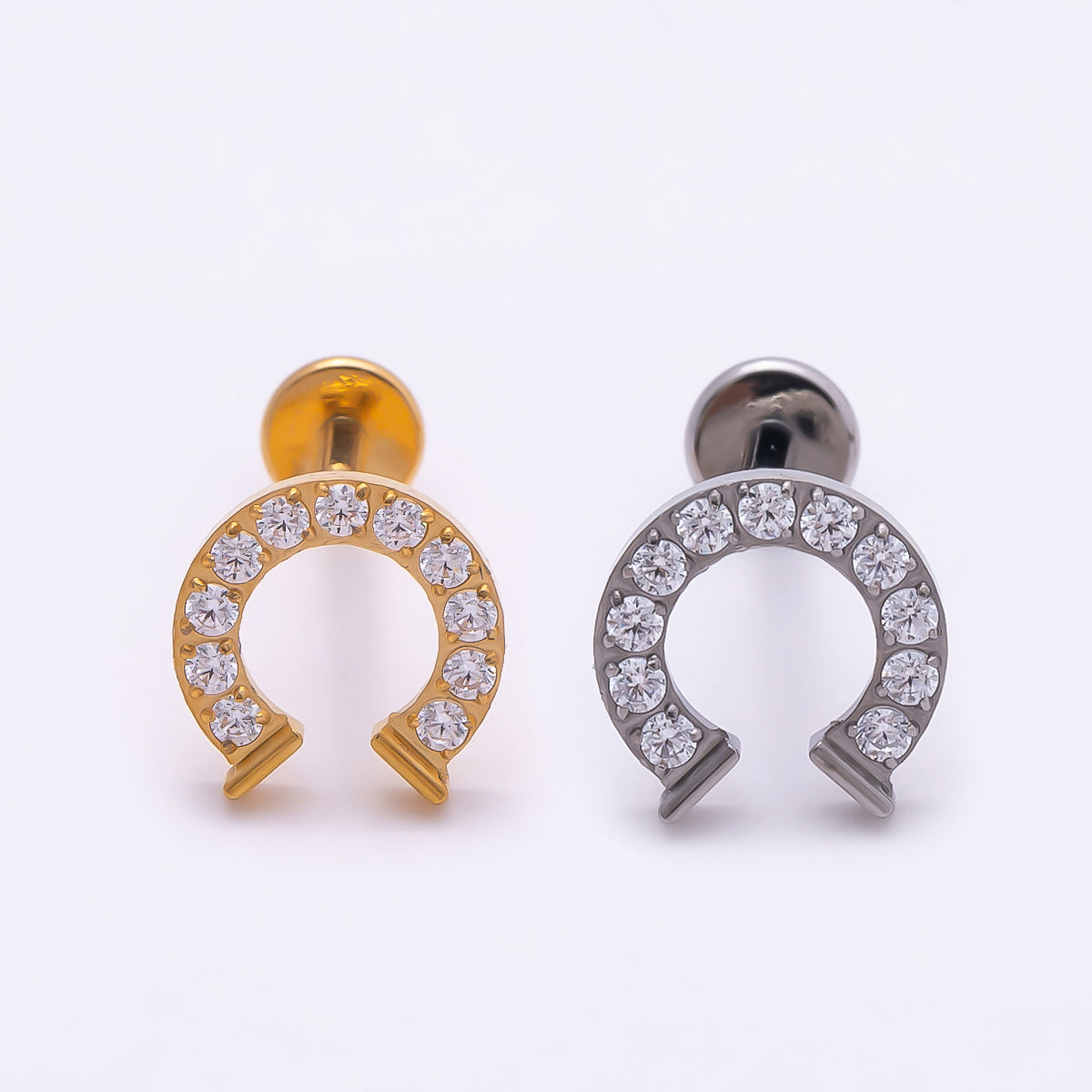 Titanium 7.5mm Micro Paved CZ Horseshoe Cartilage Piercing Flat Back Stud in Gold &amp; Silver | BJ-00126 BJ-00127