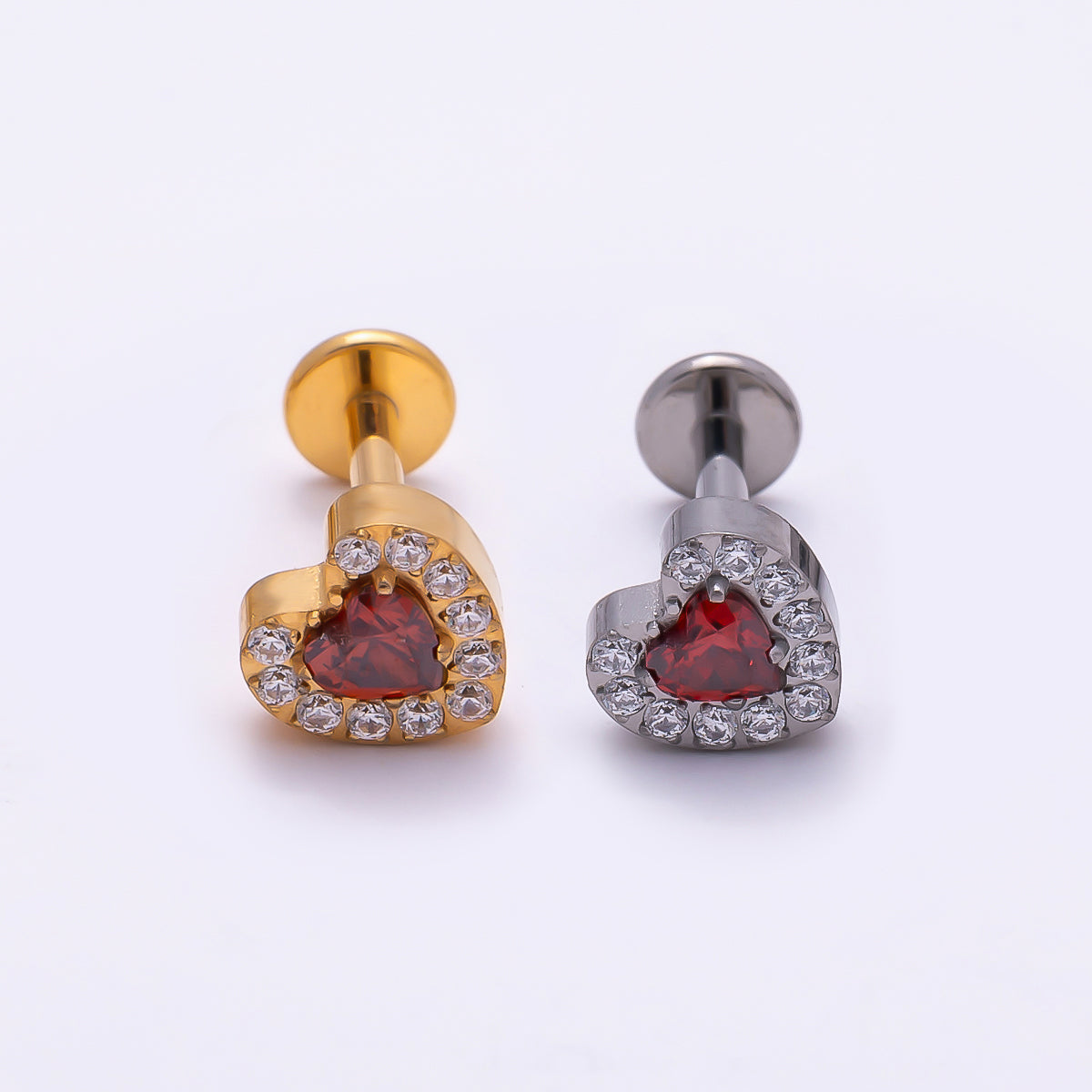 Titanium 5.5mm Red Micro Paved CZ Heart Cartilage Piercing Flat Back Stud in Gold &amp; Silver | BJ-00069 BJ-00069
